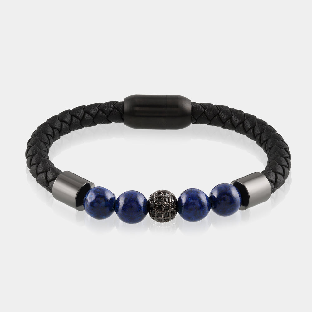 Lapis Lazuli Beads and Black Spinel Ball Charm Leather Bracelet