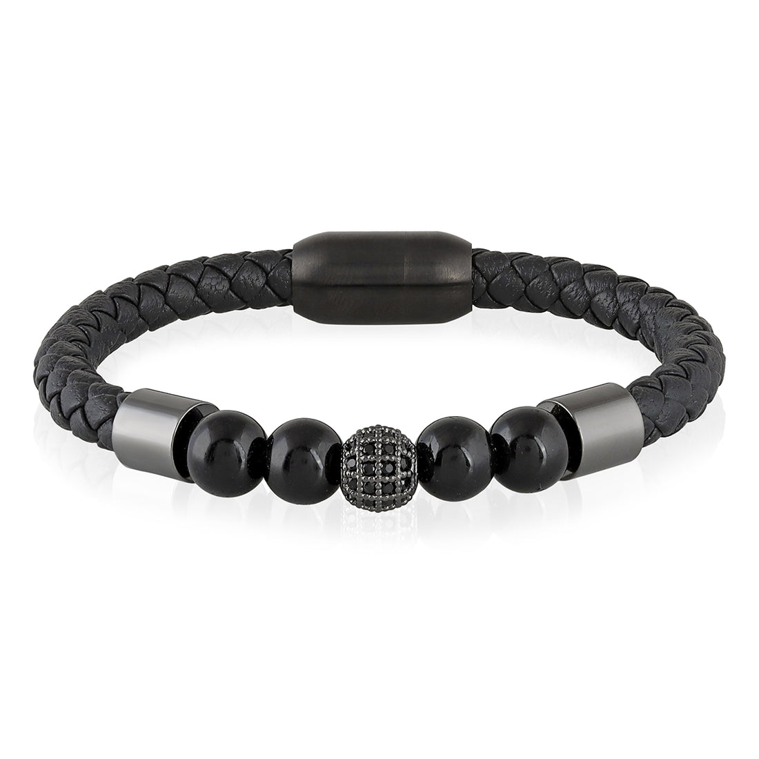 Black Onyx and Black Spinel Leather Bracelet with Magnetic Lock