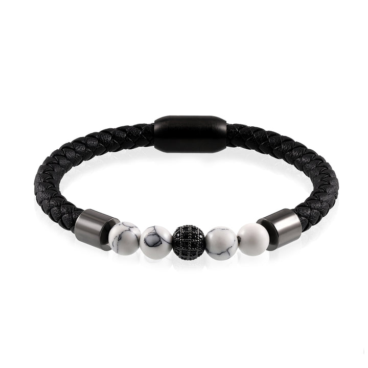 Howlite Beads and Black Spinel Ball Charm Leather Bracelet