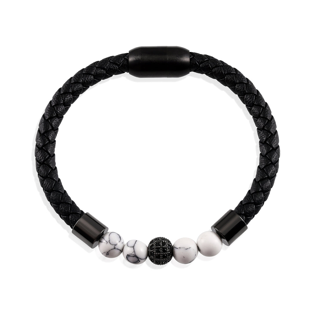 Howlite Beads and Black Spinel Ball Charm Leather Bracelet