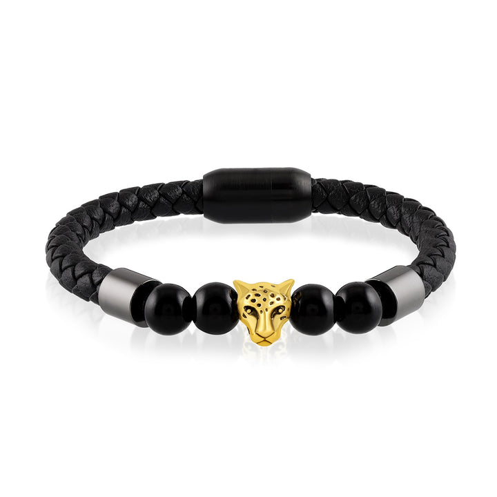 Black Jet Beads with Jaquar Charm Leather Bracelet