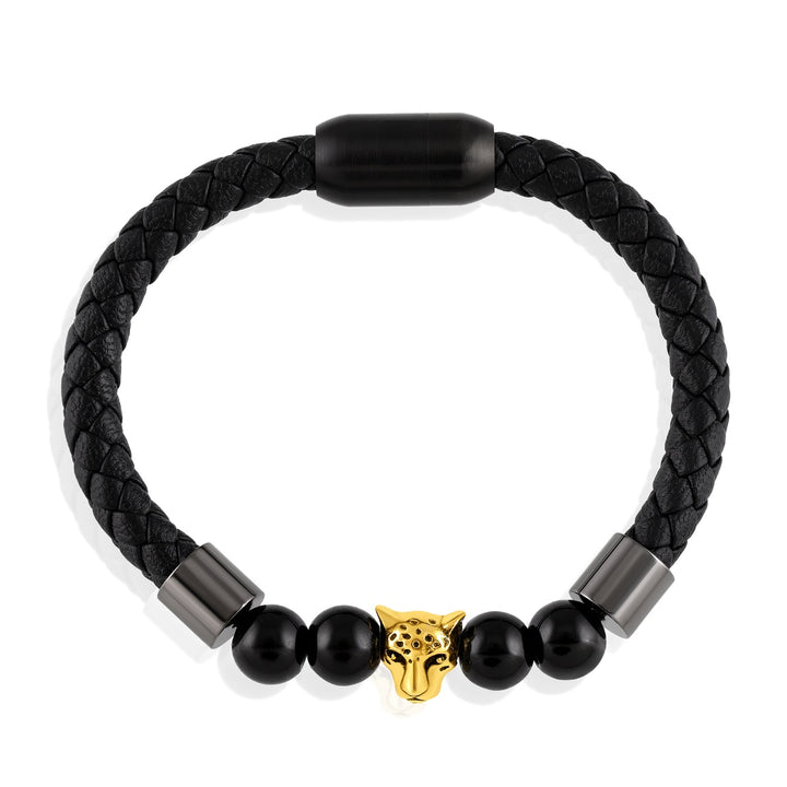 Black Jet Beads with Jaquar Charm Leather Bracelet