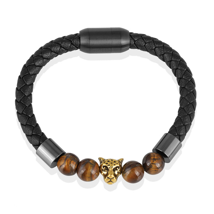 Tiger's Eye Beads with Jaquar Charm Leather Bracelet