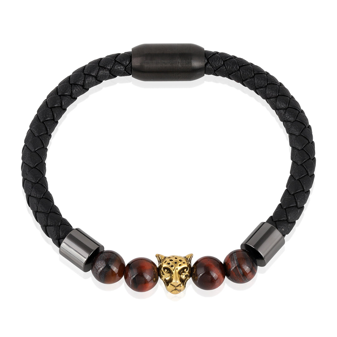 Tiger's Eye Beads with Jaquar Charm Leather Bracelet