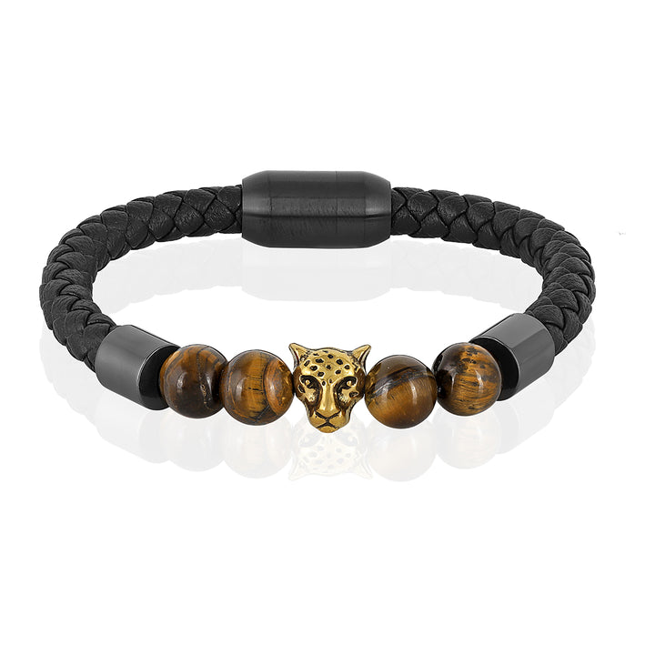 Tiger's Eye Beads with Jaquar Charm Leather Bracelet