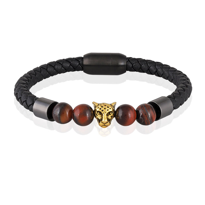 Tiger's Eye Beads with Jaquar Charm Leather Bracelet