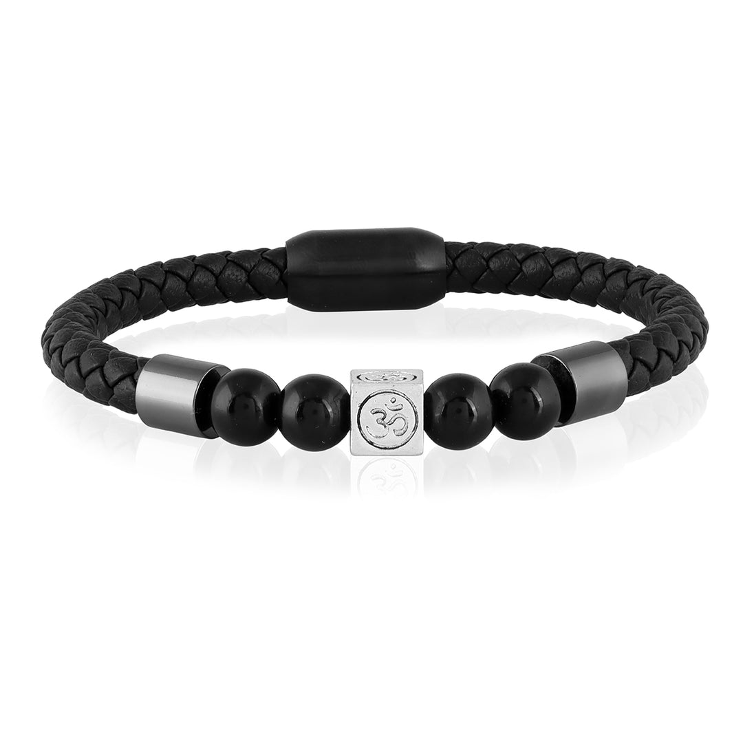 Black Onyx Beads and Om Charm Leather Bracelet