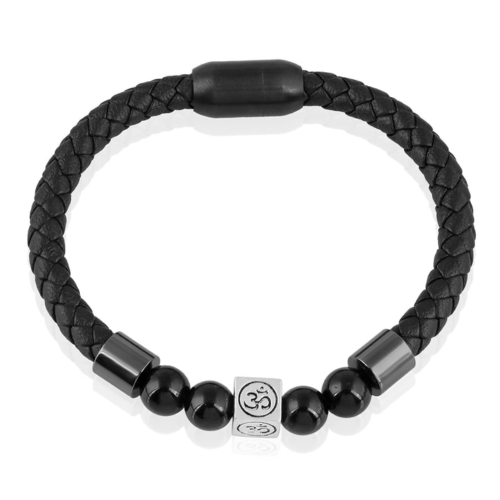 Black Onyx Beads and Om Charm Leather Bracelet