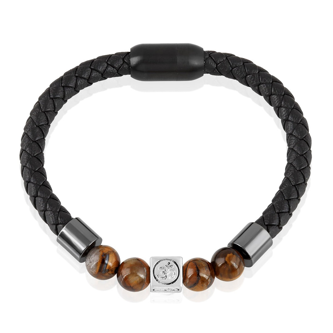 Tiger's Eye Beads and Om Charm Leather Bracelet