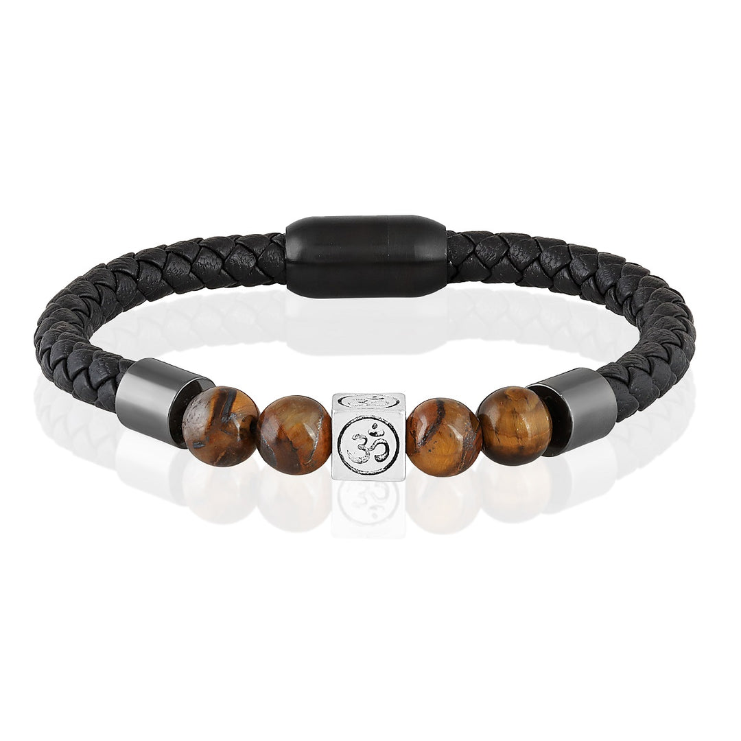 Tiger's Eye Beads and Om Charm Leather Bracelet