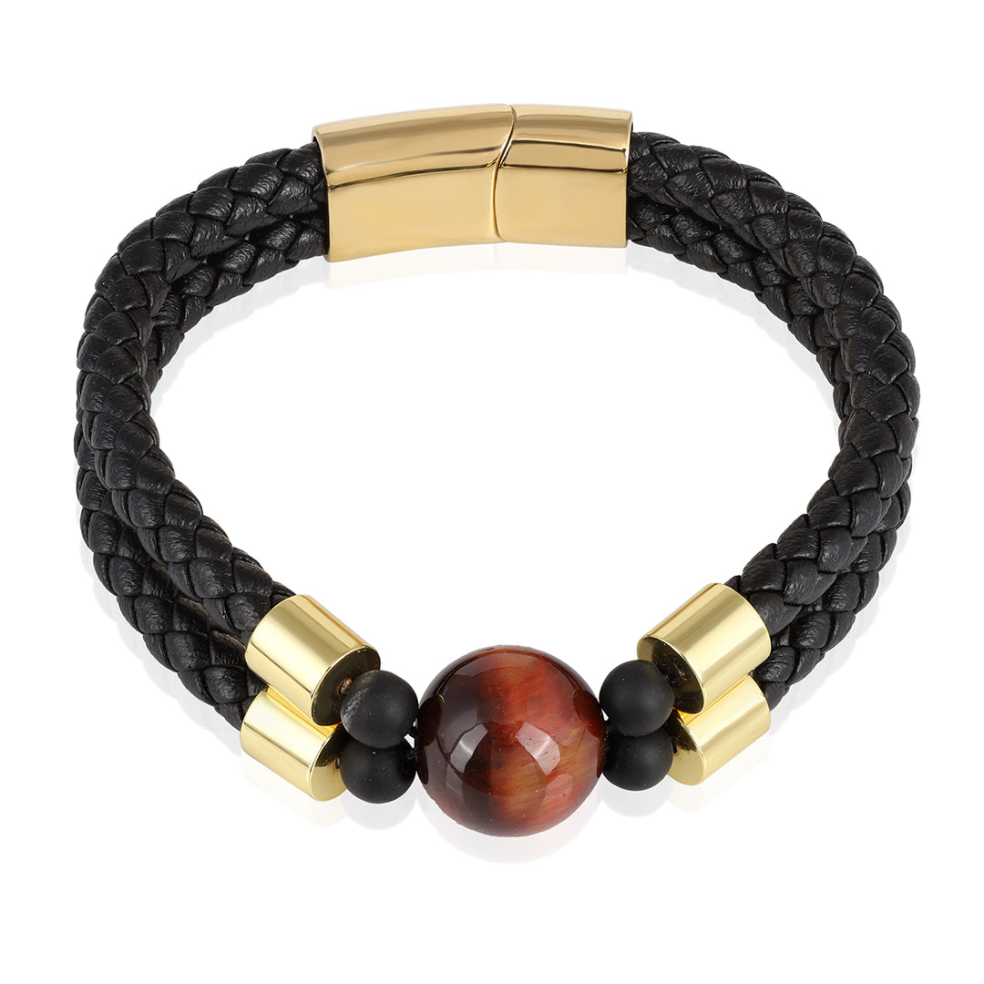 Tiger's Eye Double Layer Leather Gold Bracelet