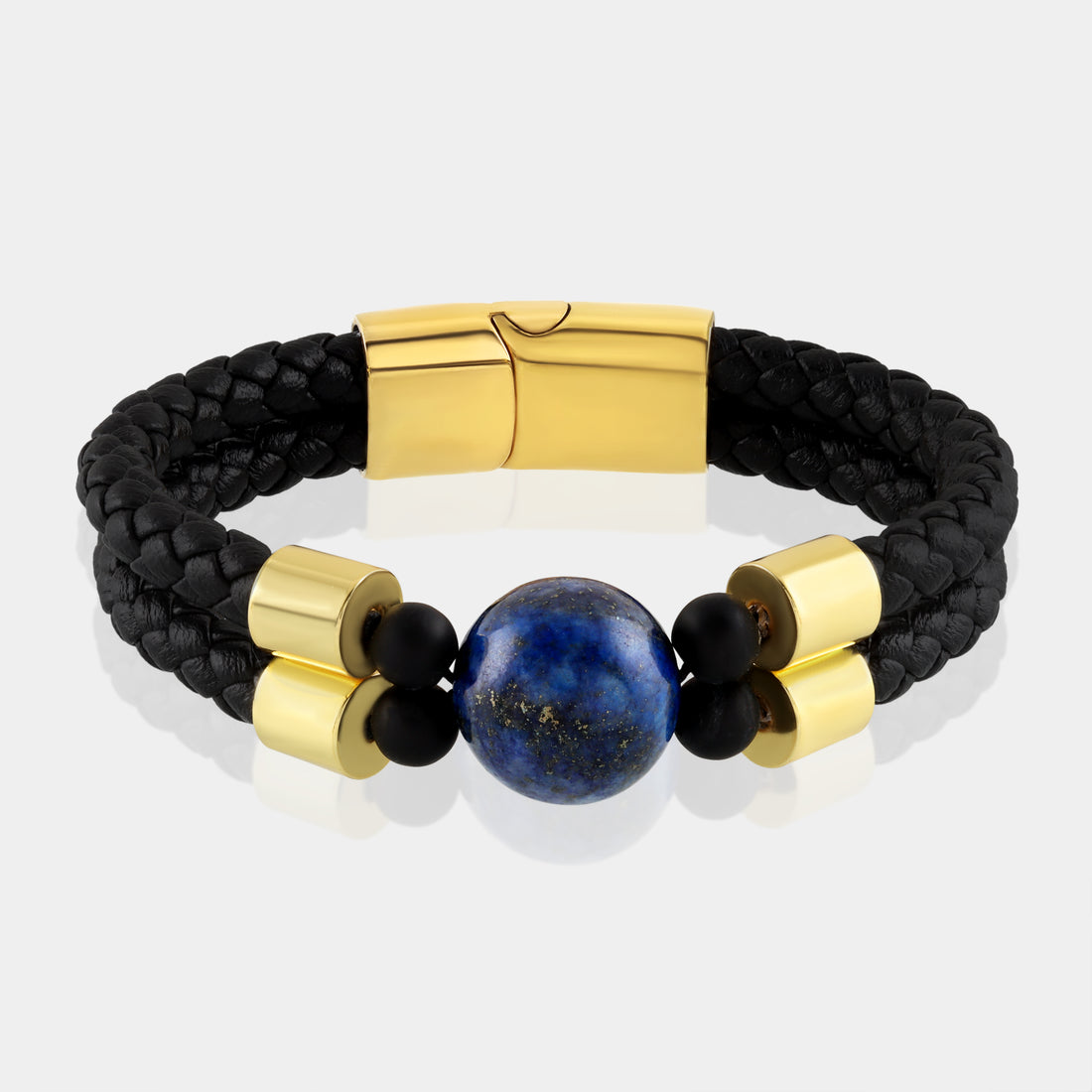 Lapis Lazuli Gold Bracelet with Double Layered Leather and Magnetic Lock