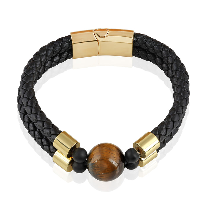 Tiger's Eye Double Layer Leather Gold Bracelet