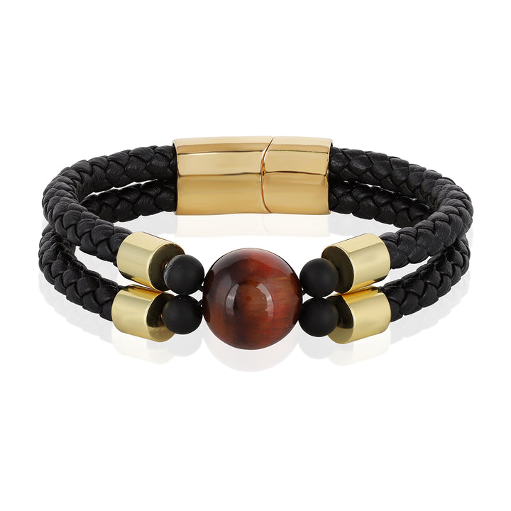 Tiger's Eye Double Layer Leather Gold Bracelet