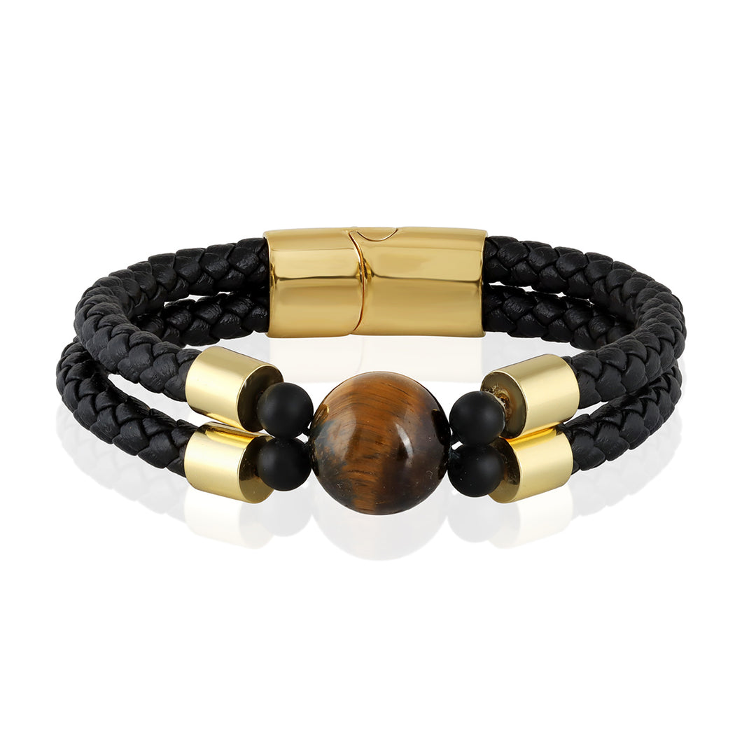 Tiger's Eye Double Layer Leather Gold Bracelet