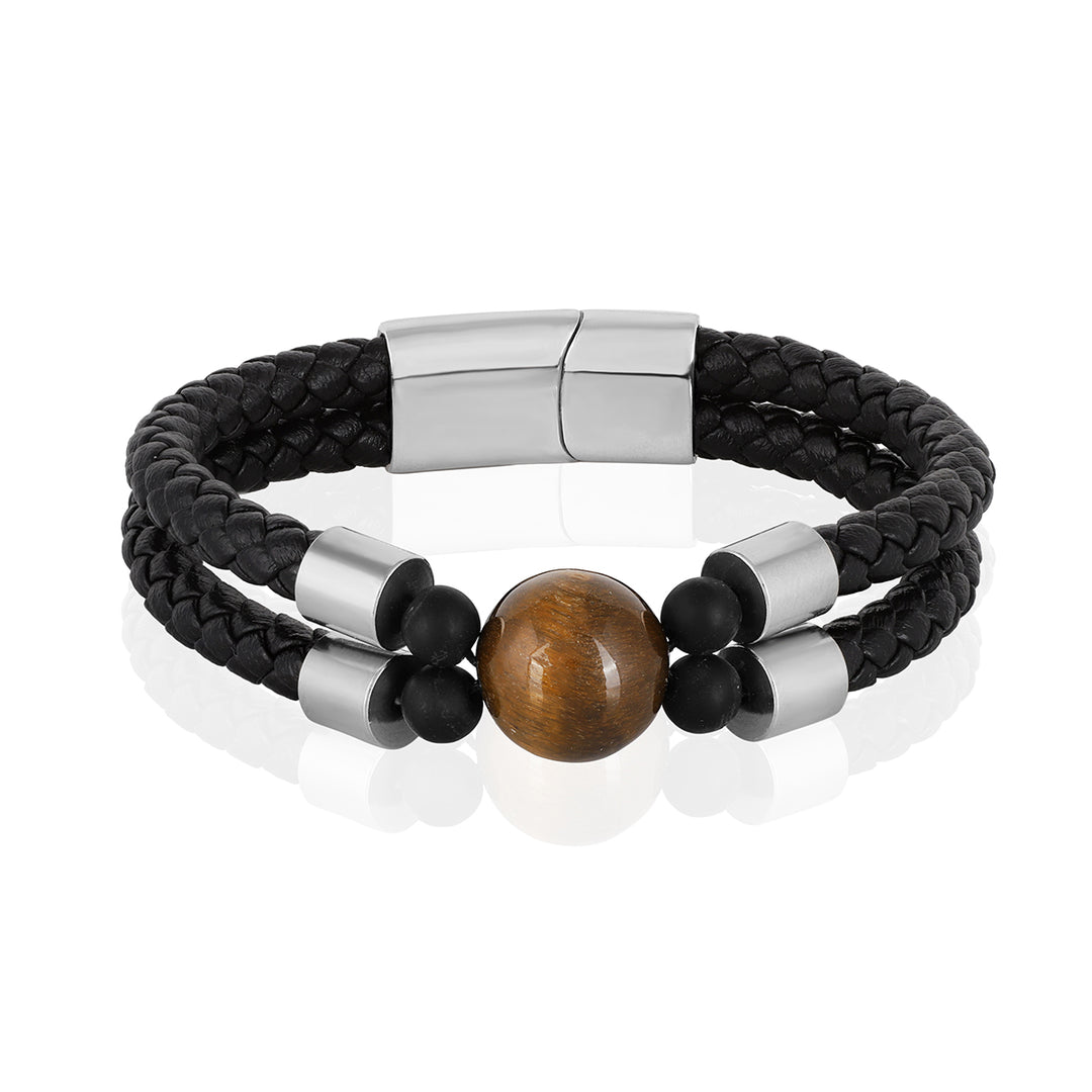 Tiger's Eye Double Layer Leather Silver Bracelet