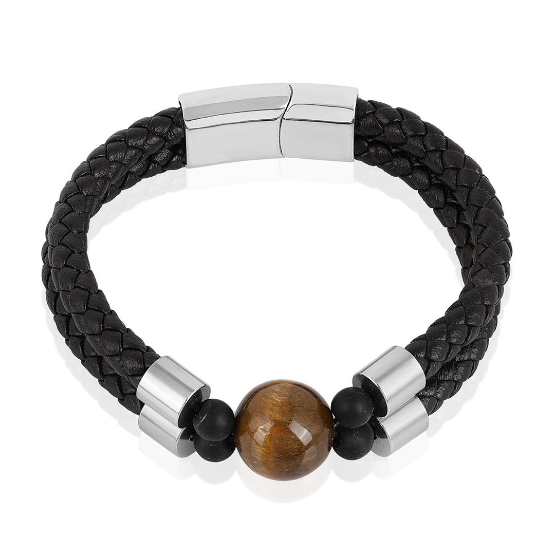 Tiger's Eye Double Layer Leather Silver Bracelet