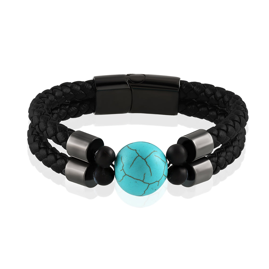 Fashionable Turquoise Beaded Bracelet on Double Layer Leather with Magnetic Closure