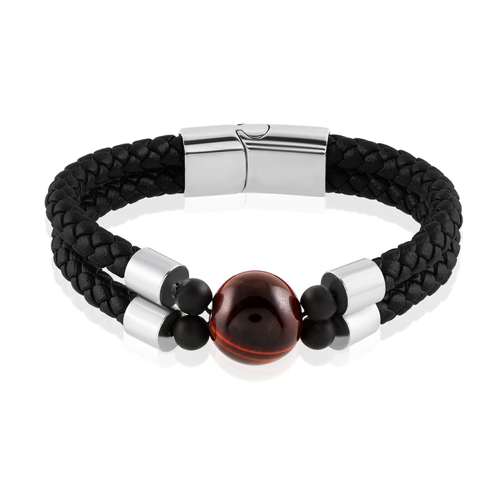 Tiger's Eye Double Layer Leather Silver Bracelet