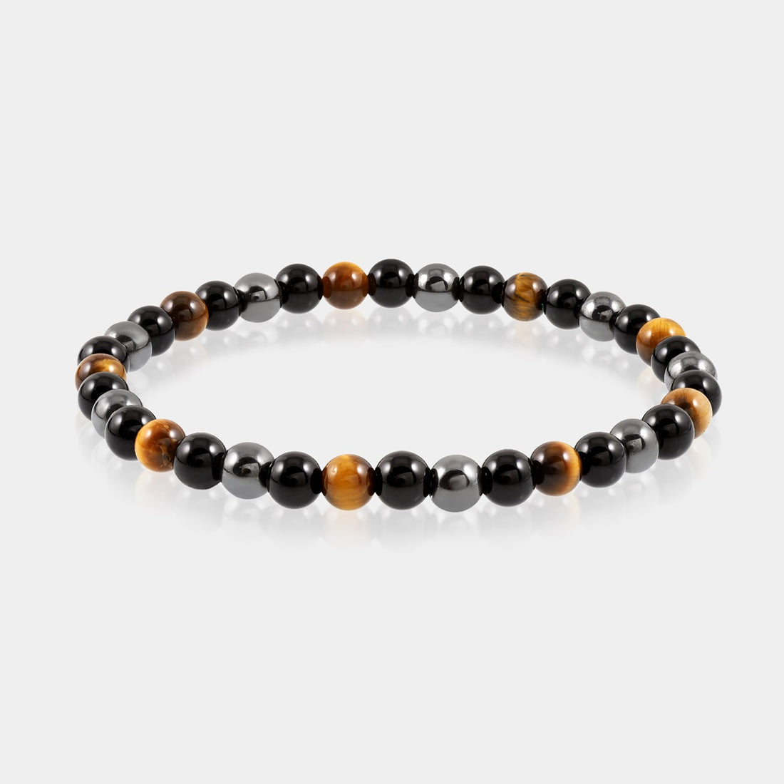 Stylish Triple Protection Stretch Bracelet featuring 6mm and 8mm smooth round beads of Golden Tiger's Eye, Black Onyx, and Hematite.