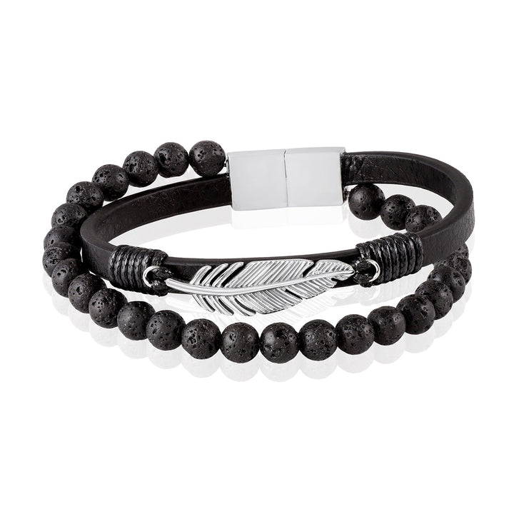 Bold Lava Stone and Leaf Charm Layered Leather Bracelet