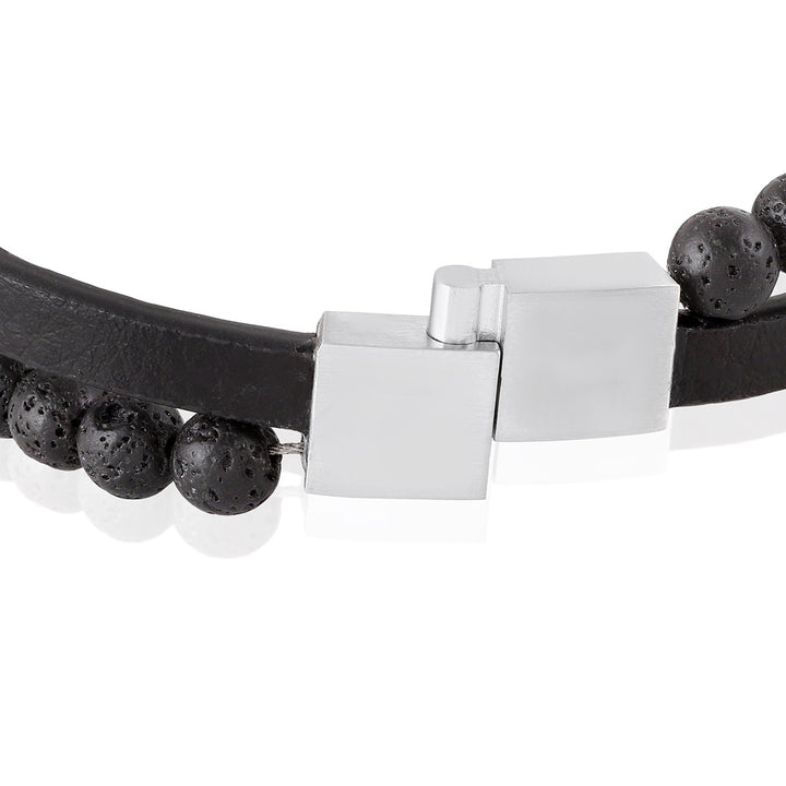 Bold Lava Stone and Leaf Charm Layered Leather Bracelet