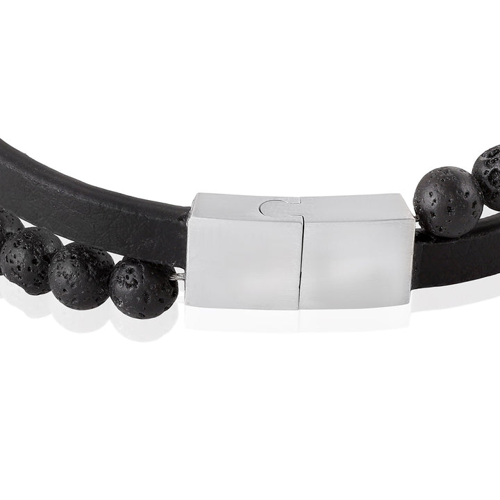 Bold Lava Stone and Leaf Charm Layered Leather Bracelet