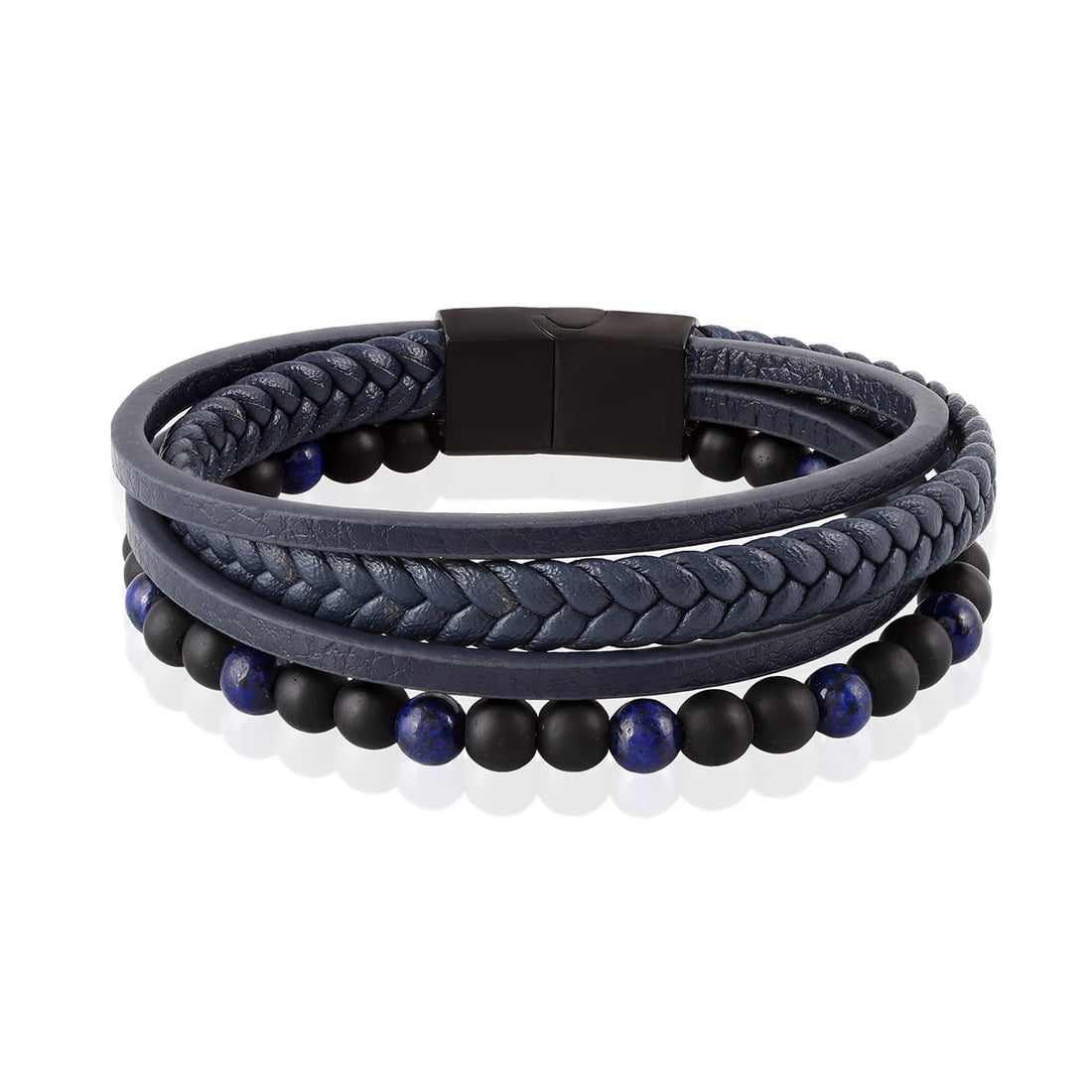 Natural Lapis Lazuli and Black Jet Multi-layered Blue Leather Bracelet with Magnetic Lock