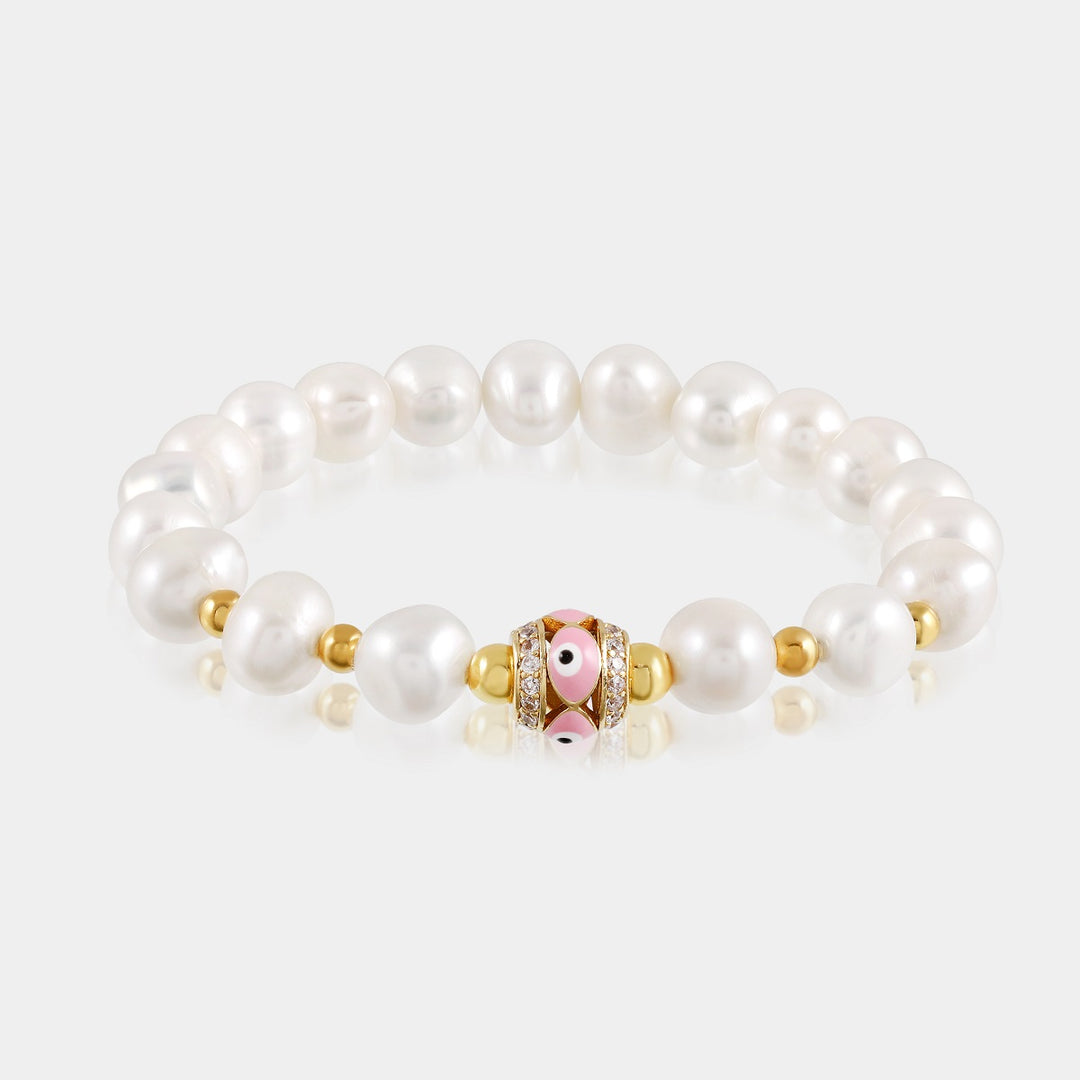 Pearl and Pink Evil Eye Stretch Bracelet