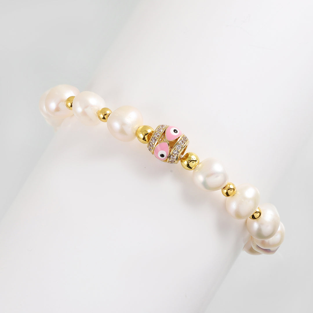 Pearl and Pink Evil Eye Stretch Bracelet