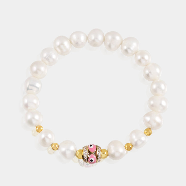 Pearl and Pink Evil Eye Stretch Bracelet