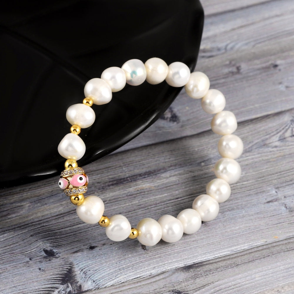 Pearl and Pink Evil Eye Stretch Bracelet