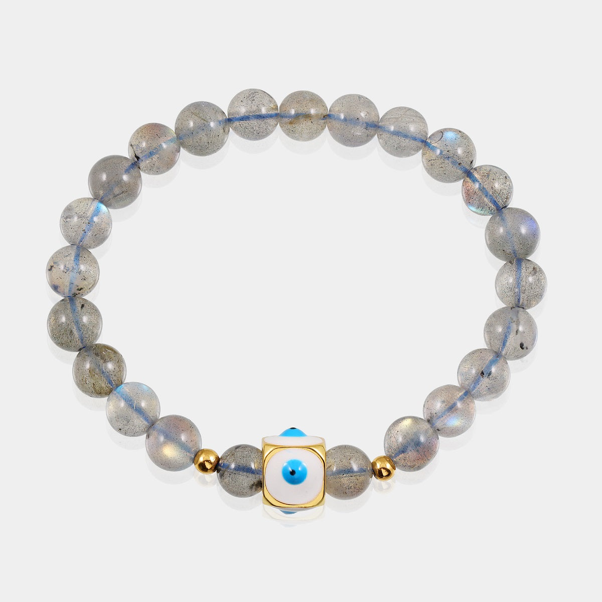 Detailed view of Evil Eye beads, featuring a protective symbol against negative energies.