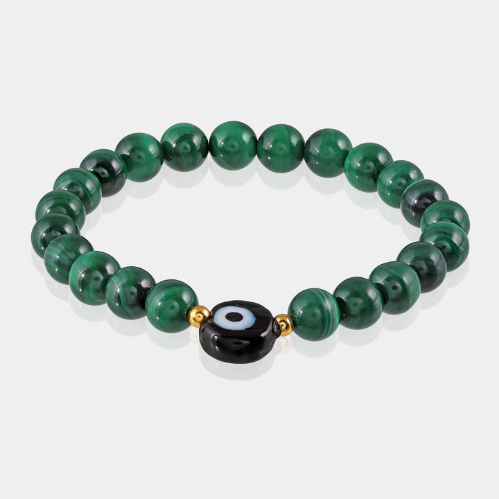 Friendship bracelet showcasing the blend of Malachite and Hematite beads on a stretchable cord.