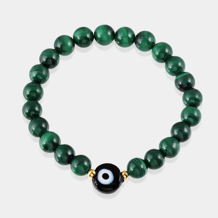 Detailed view of Evil Eye beads, featuring a protective symbol against negative energies.