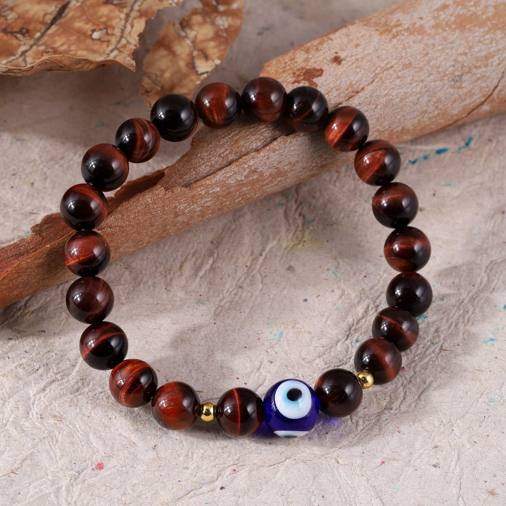 Natural Tiger's Eye and Evil Eye Gemstone Bracelet