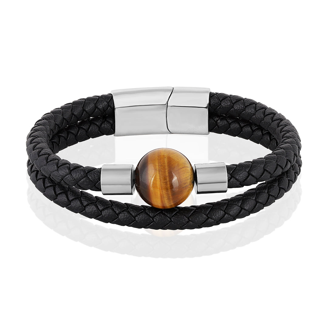 Tiger's Eye Braided Rope Leather Silver Bracelet