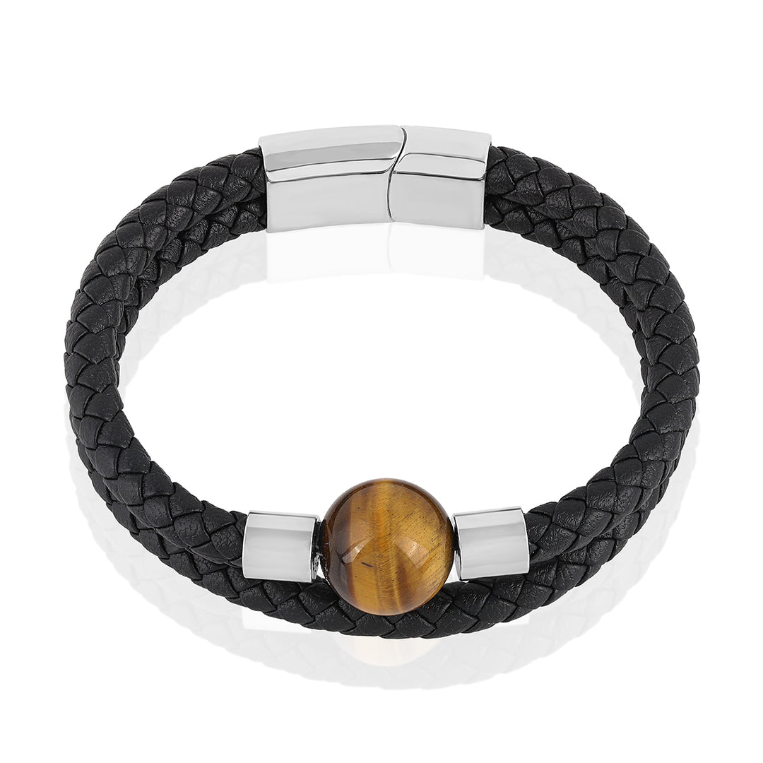 Tiger's Eye Braided Rope Leather Silver Bracelet