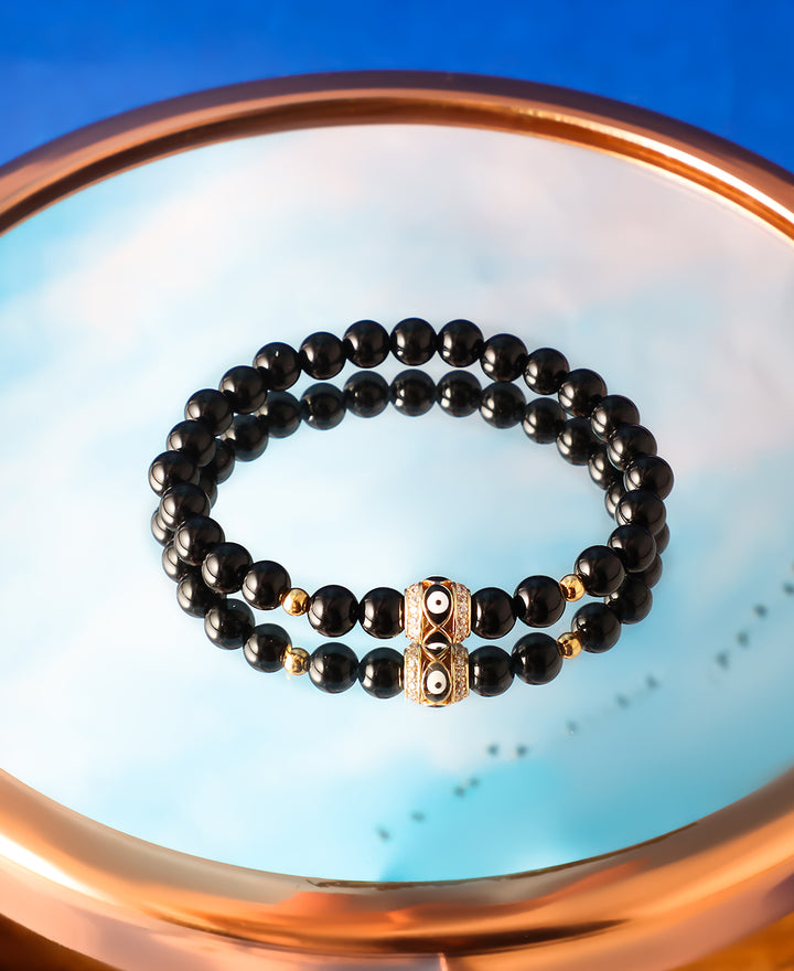 Black Onyx and Evil Eye Charm Stretch Bracelet