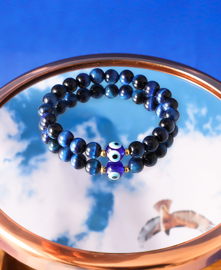 Blue Tiger's Eye and Evil Eye Stretch Bracelet