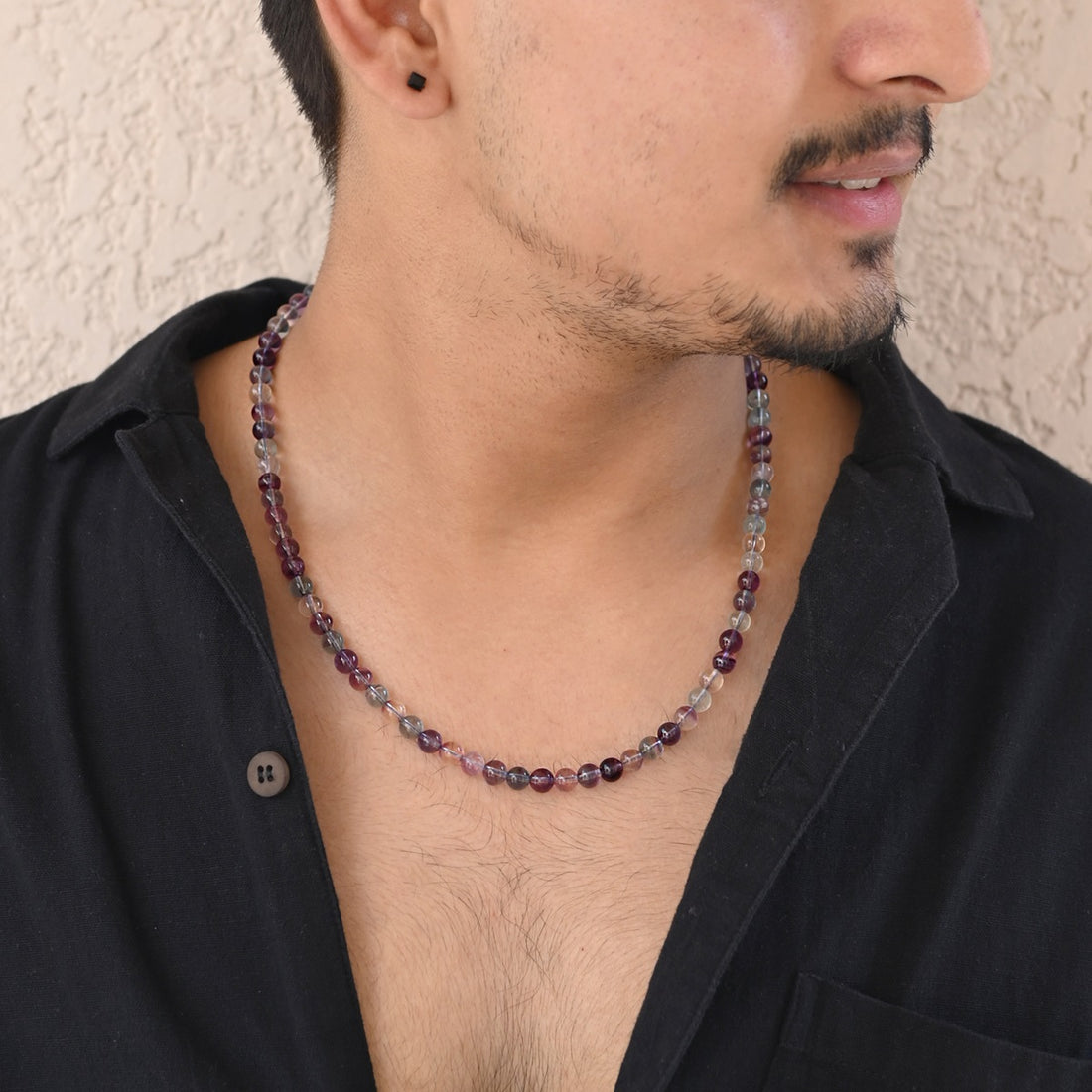 Men's Fluorite Gemstone Silver Necklace: Smooth round beads with silver lock