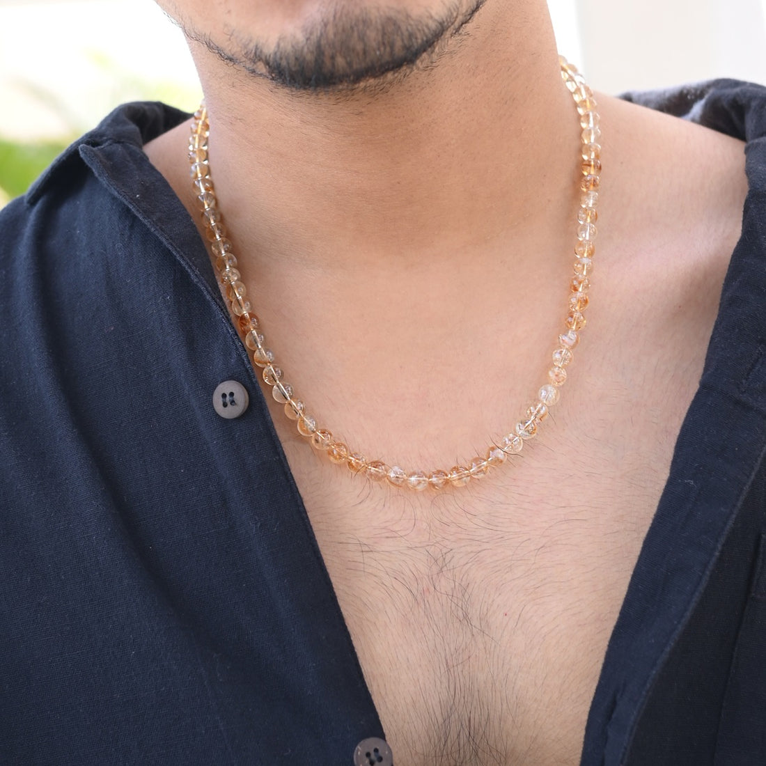 Men's Citrine Gemstone Silver Necklace: Smooth round beads with silver lock