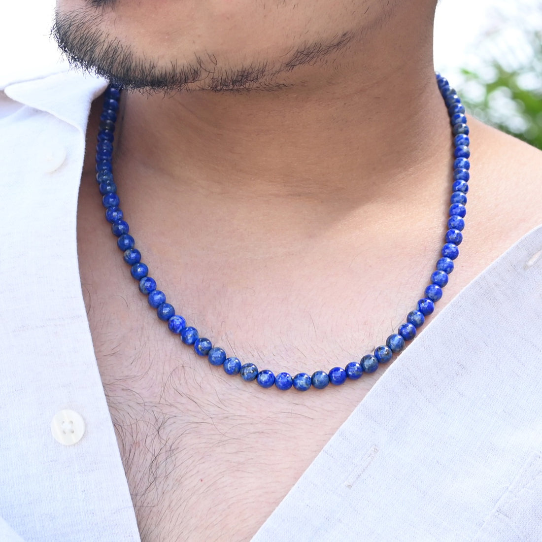 Men's Lapis Lazuli Gemstone Silver Necklace: Smooth round beads with silver lock