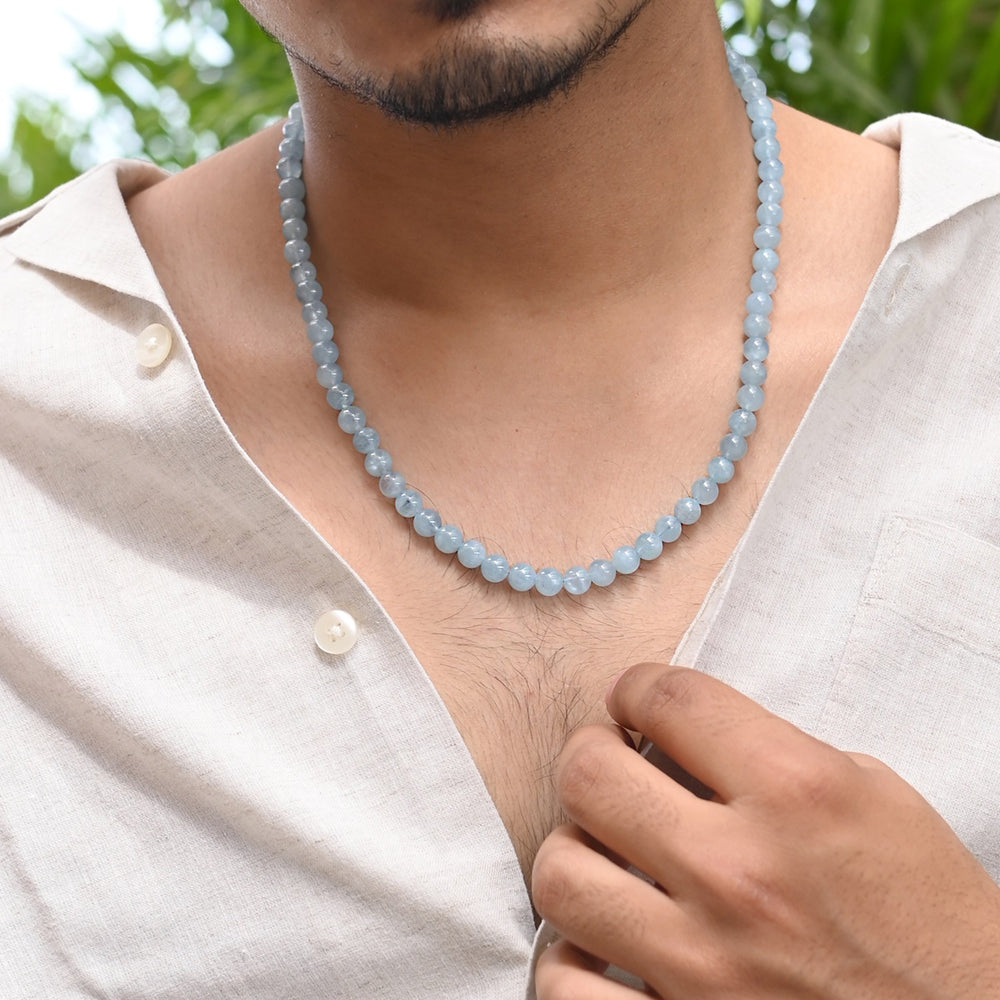 Men's Aquamarine Gemstone Silver Necklace: Smooth round beads with silver lock