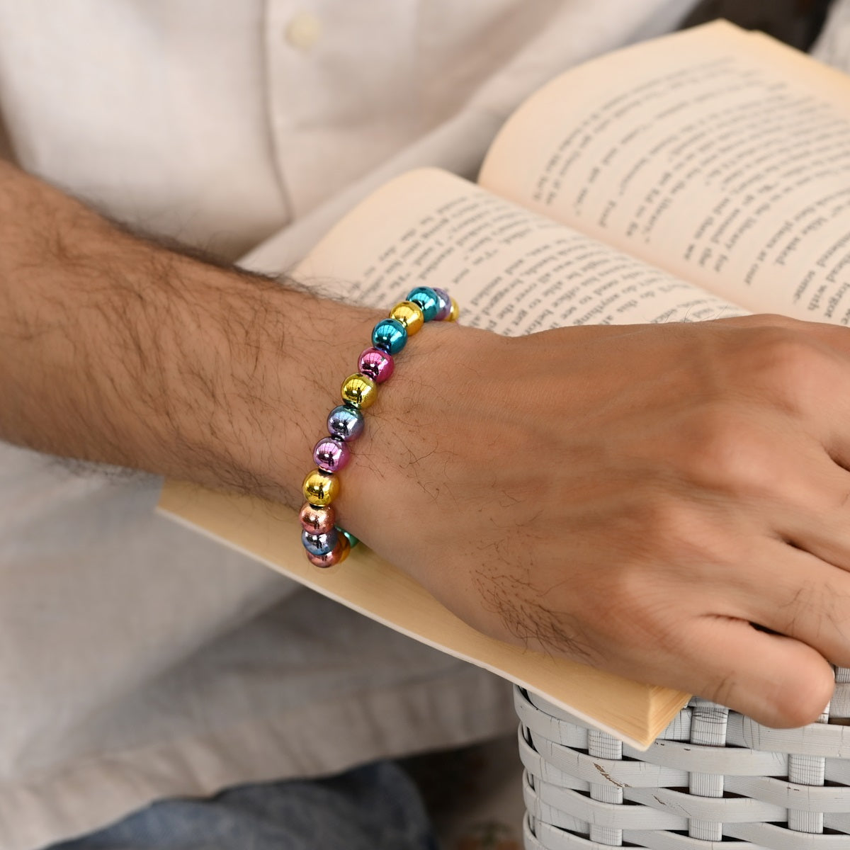 Multicolor Hematite Harmony Stretch Bracelet on wrist - Stylish and vibrant accessory