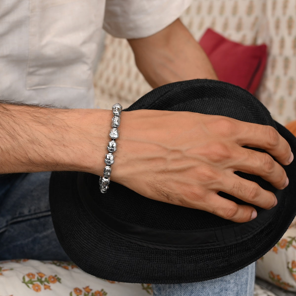 Serenity Shine Silver Hematite Buddha Face Stretch Bracelet with 8mm Beads