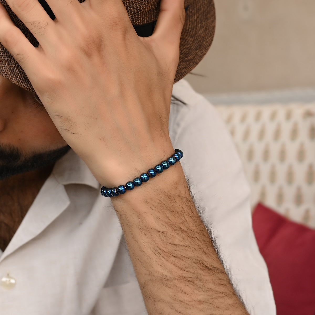 Royal Blue Hematite Harmony Bracelet on wrist - Elegant and refined