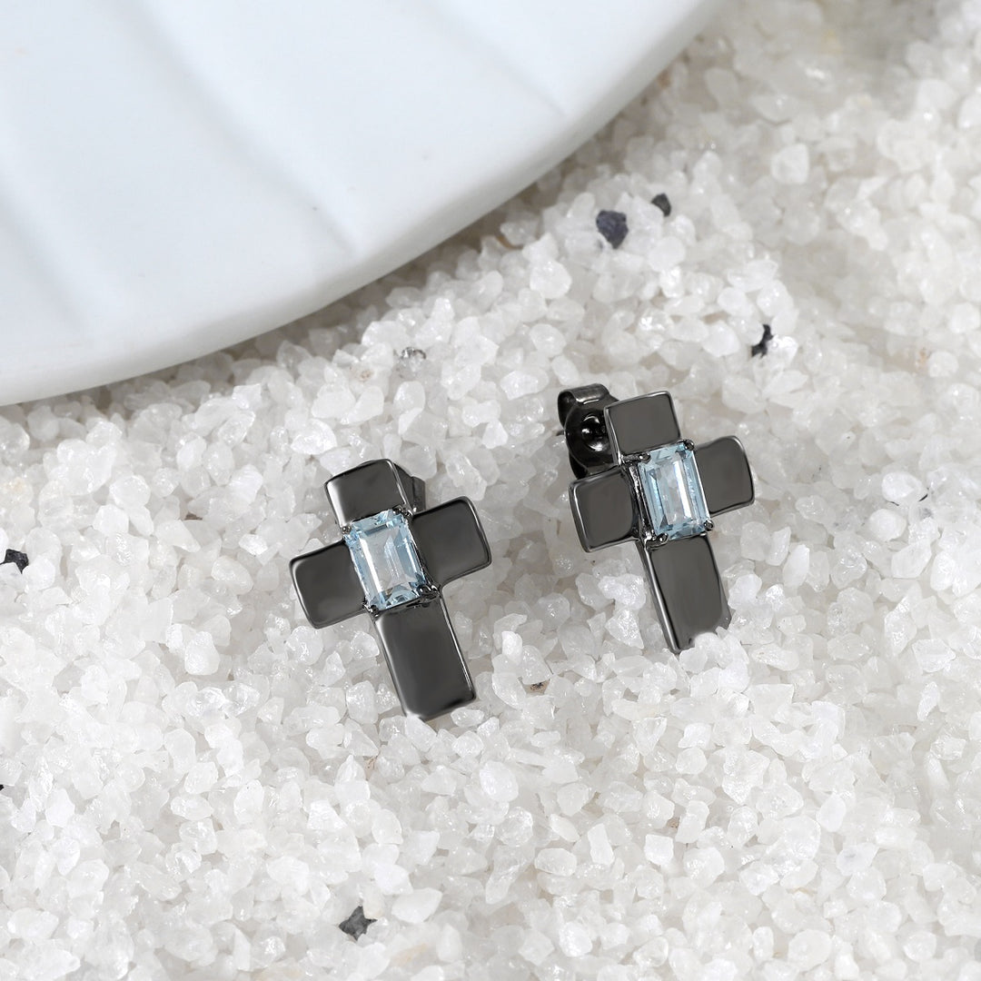 Pair of Octagon Aquamarine Studs with Cross Design