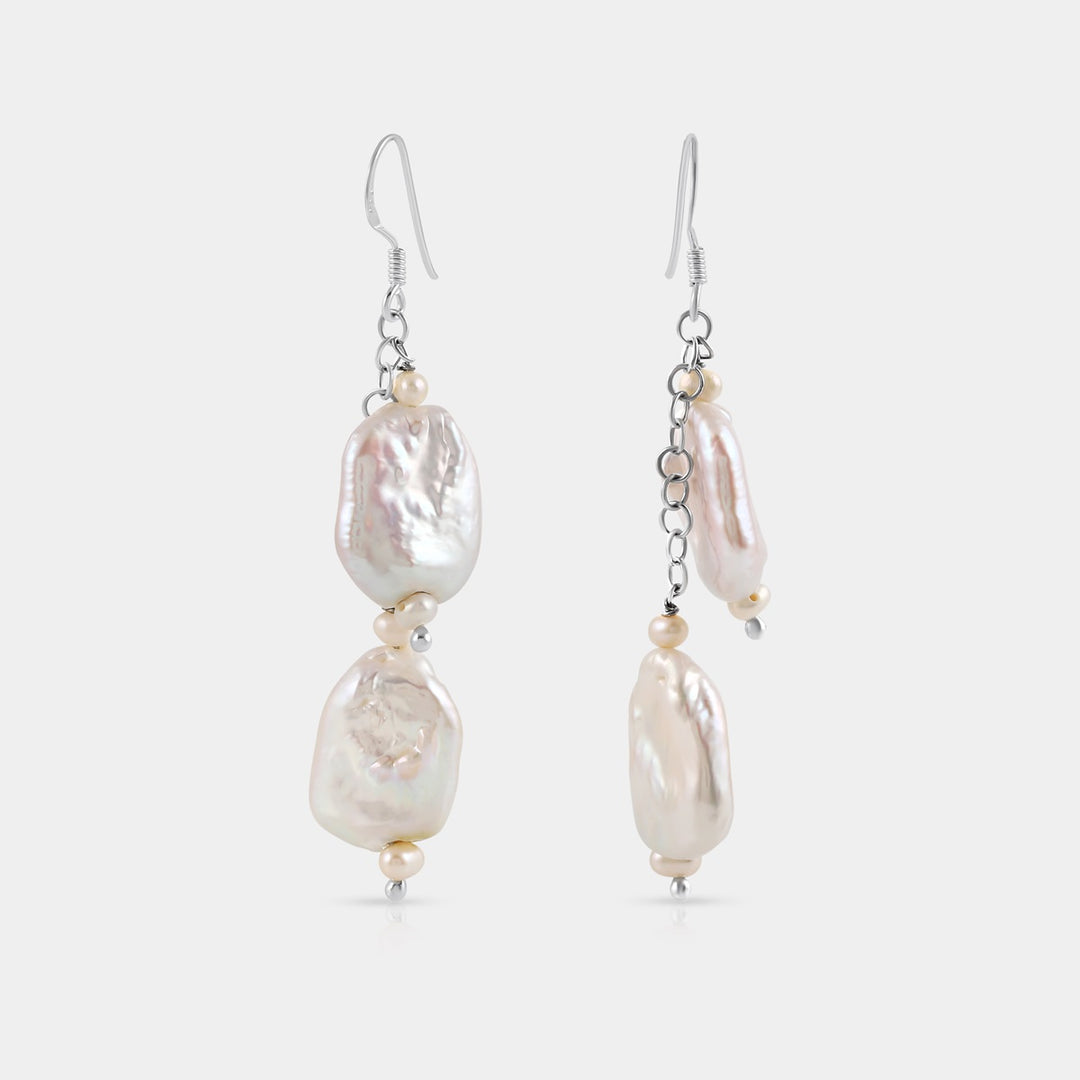 Handmade 925 Silver Dangle Earrings with Irregular Shaped White Pearls - Elegant and Timeless Jewelry.