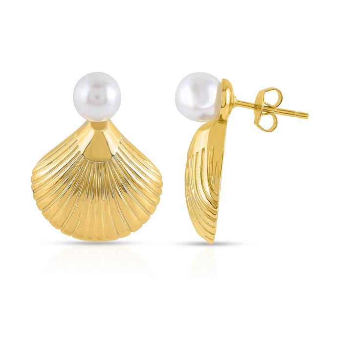 Pearl and shell-shaped brass dangle earrings with yellow gold plating and push-pin lock